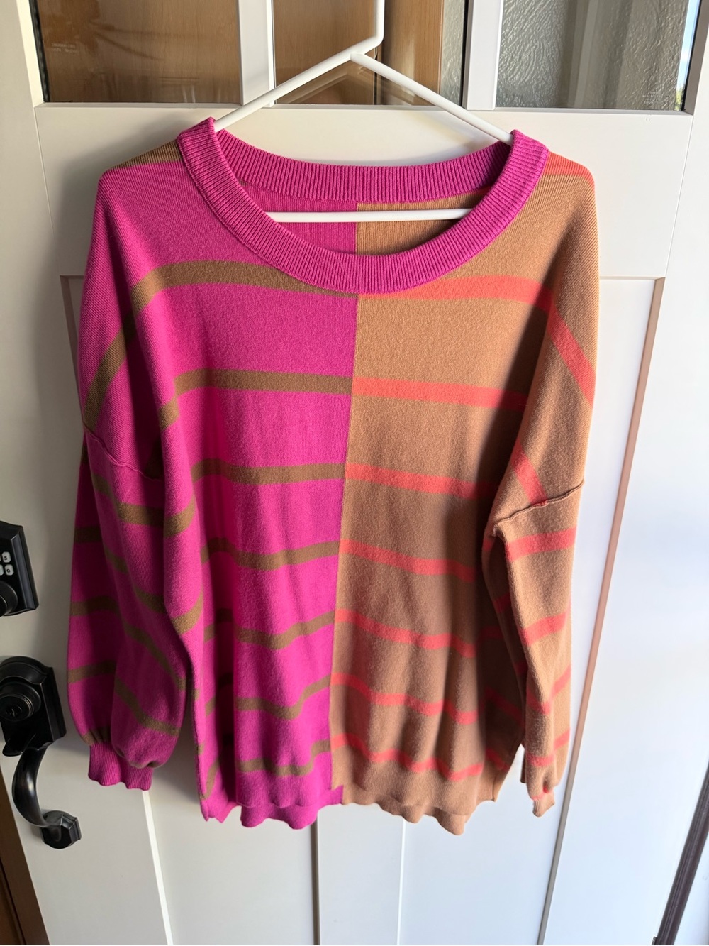 Women’s Colorblock Striped Crewneck Sweater in Pink and Tan/Brown